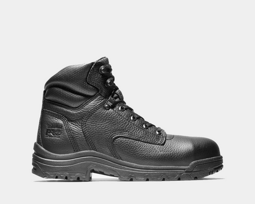 Timberland Pro 6" Titan Safety Toe Comfort Work Boots in black leather with textured finish and rugged outsole, side view.
