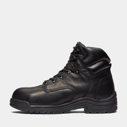 Timberland Pro 6" Titan Safety Toe Comfort Work Boots, black leather with padded collar and safety toe, side view.