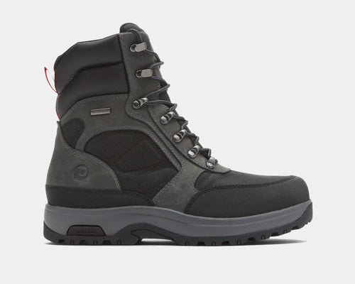 Dunham 8000 Works 8-Inch Ubal Boot in black and gray with rugged leather and textile upper, metal eyelets, and slip-resistant outsole, side view.