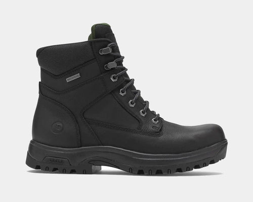 Dunham 8000Works 6-Inch Plain Toe work boots in black with waterproof leather upper, padded collar, and rugged outsole, side view.
