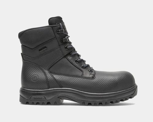 Dunham 8000Works Safety Plain Toe Boot – Waterproof, black leather work boot with textured upper and sturdy outsole, side view.
