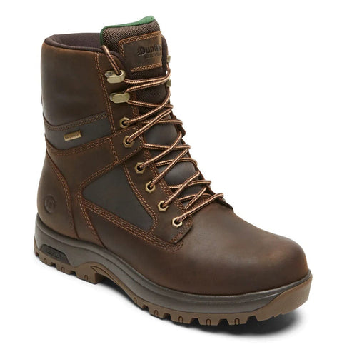 Dunham 8000Works Waterproof 8-Inch Plain Toe Boot in brown leather with reinforced stitching, metal eyelets, and rugged outsole, angled view.