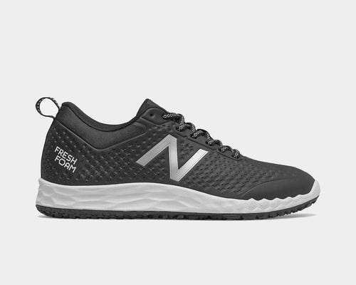 New Balance 806v1 shoes in black with Fresh Foam midsole, perforated upper, and silver "N" logo detailing, side view.