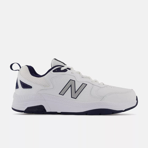 New Balance 857v3 training shoes in white with navy accents, synthetic upper and durable outsole, side view.