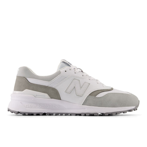 New Balance Golf 997 SL Golf shoes in white and gray with leather upper and spikeless outsole, side view.