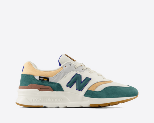 New Balance 997H sneakers in off-white, teal, and tan with suede overlays and a lightweight EVA midsole, side view.