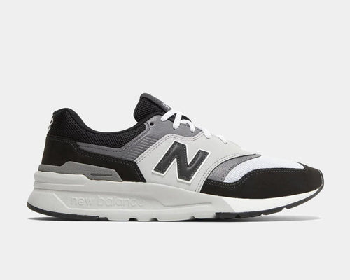 New Balance 997H sneakers in black, gray, and white with a suede and mesh upper, side view showing iconic "N" logo.
