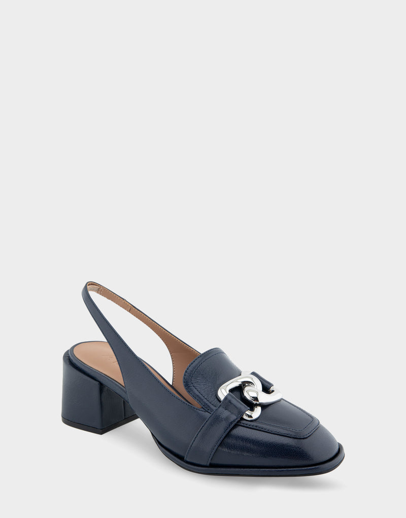 Comfortable Women's Ornamented Block Heel Slingback in Navy Leather Side Angle View