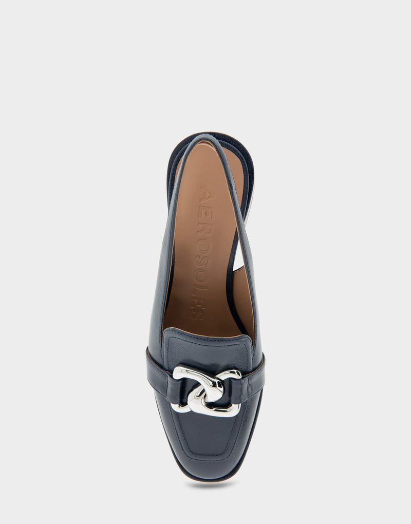 Comfortable Women's Ornamented Block Heel Slingback in Navy Leather Full Front View
