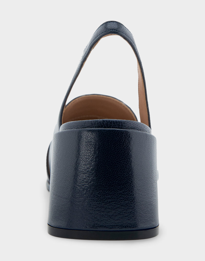 Comfortable Women's Ornamented Block Heel Slingback in Navy Leather Back View