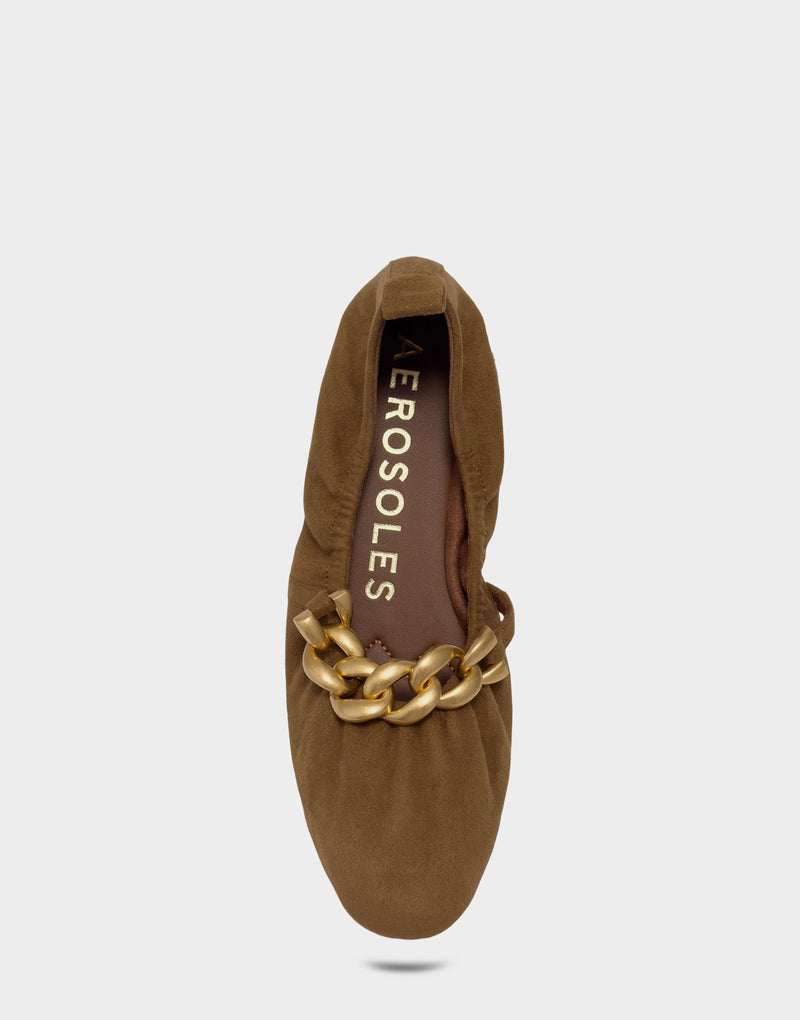 Comfortable Women's Dress Flat in Tobacco Faux Suede Full Front View