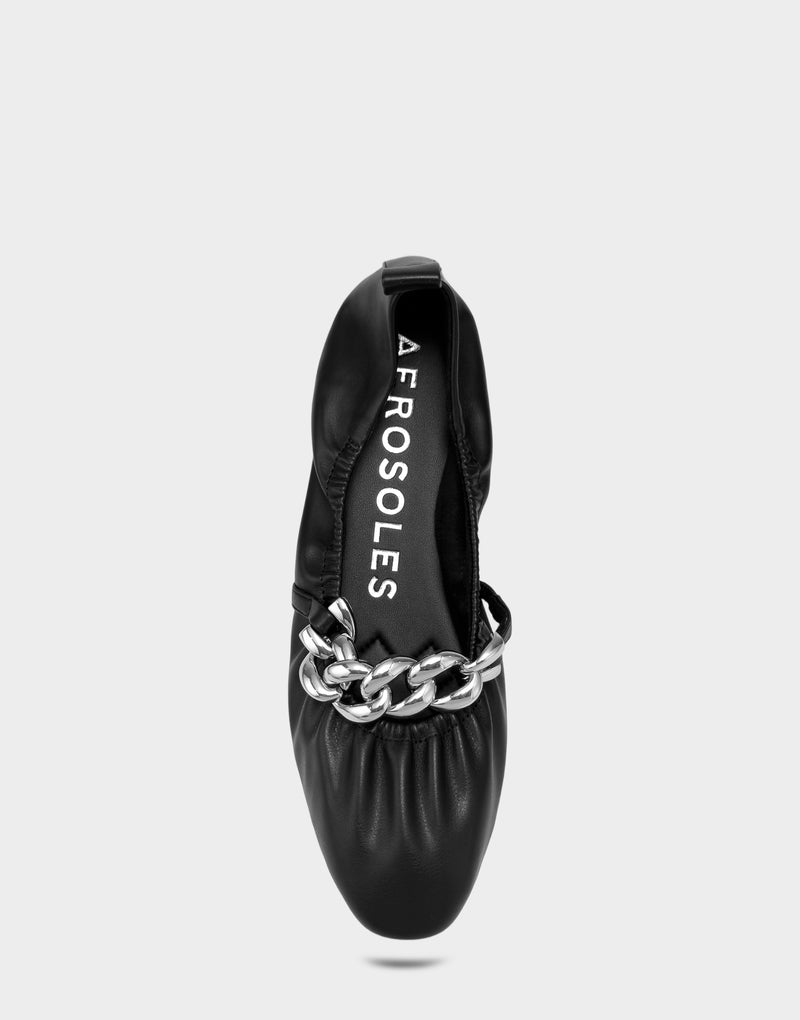 Comfortable Women's Dress Flat in Black Faux Leather Full Front View