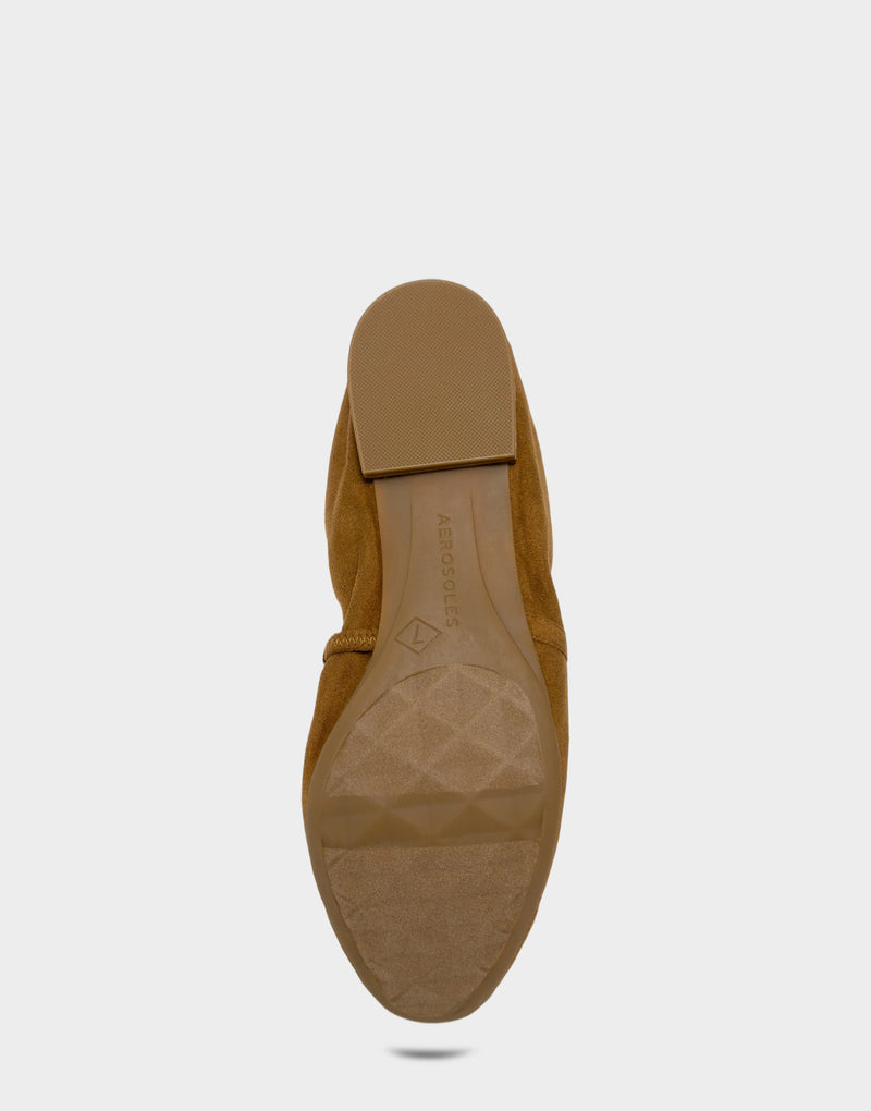 Comfortable Women's Dress Flat in Tobacco Faux Suede Bottom View