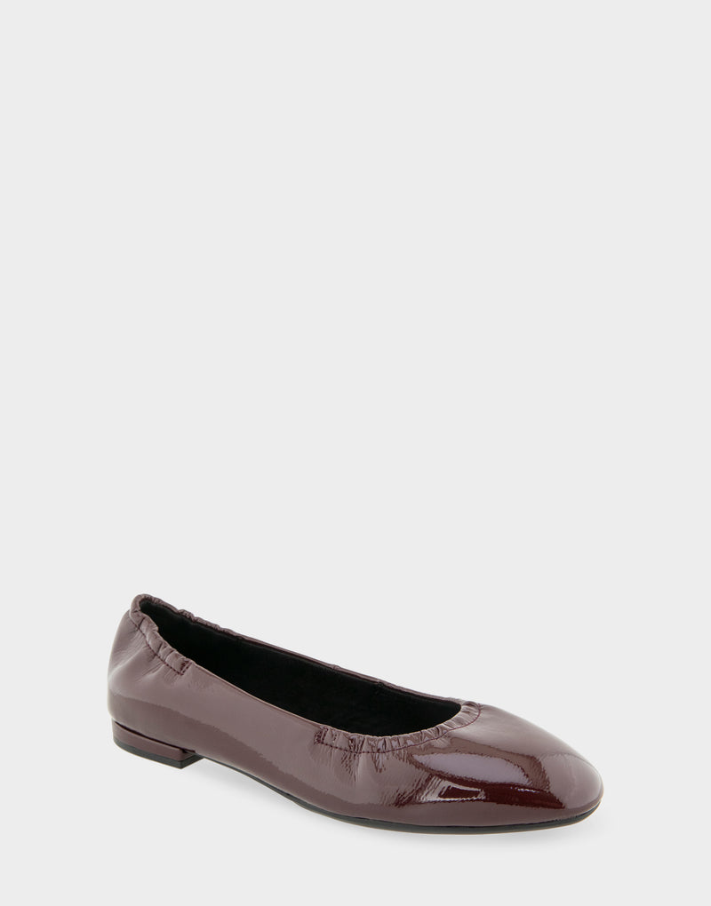 Comfortable Women's Ballet Flat In Burgundy Patent Faux Leather Side Angle View