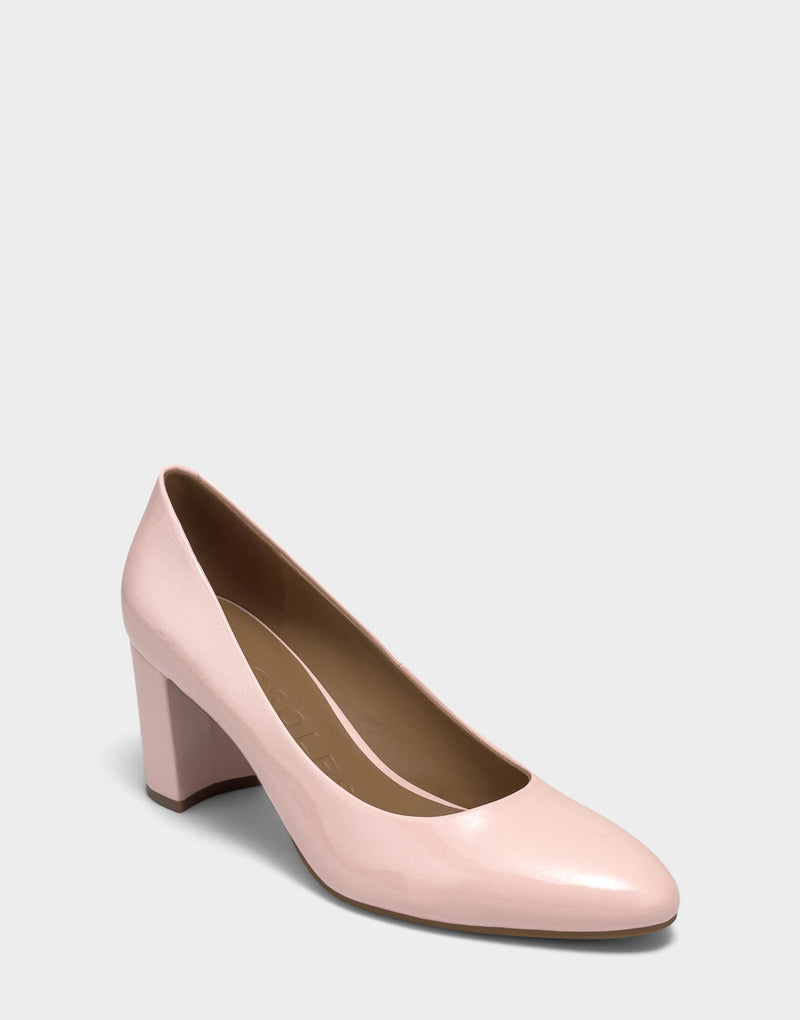 Comfortable Women's Pump In Pink Patent Faux Leather Side Angle View
