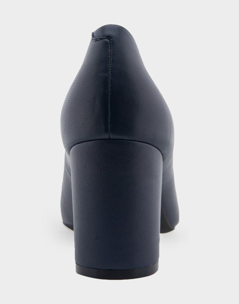 Comfortable Women's Mid Heel Pump in Navy Genuine Leather Back View