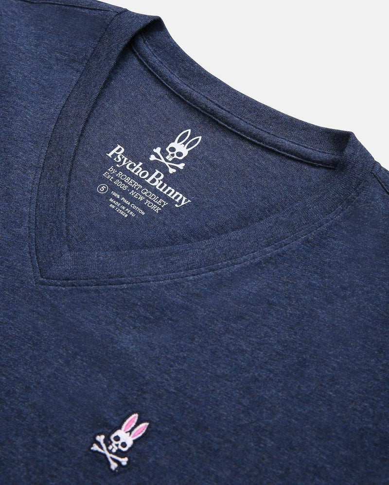 Psycho Bunny Big and Tall Classic V Neck Tee in dark navy with embroidered bunny logo, close-up of neckline and chest detail.