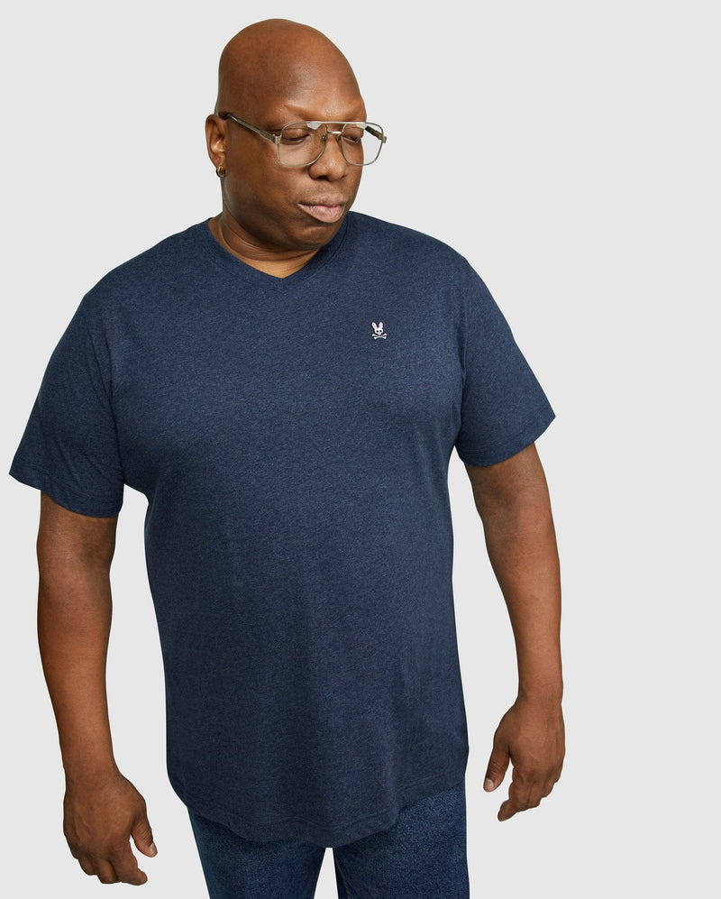 Psycho Bunny Big and Tall Classic V Neck Tee in navy blue with short sleeves and embroidered logo detail on chest.