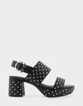 Comfortable Women's Platform Sandal in Black Quilted Faux Leather With Crystals  Side View