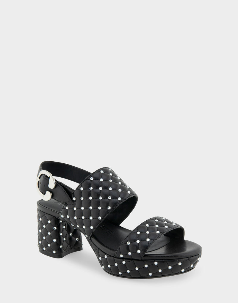 Comfortable Women's Platform Sandal in Black Quilted Faux Leather With Crystals Angle View