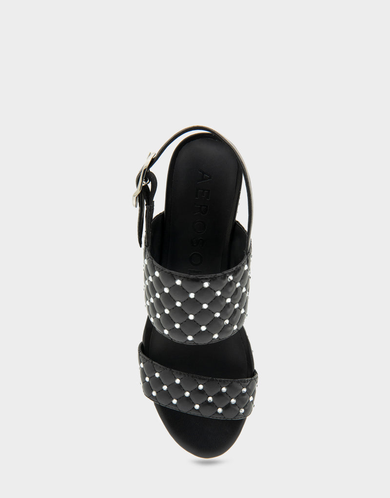 Comfortable Women's Platform Sandal in Black Quilted Faux Leather With Crystals Top View