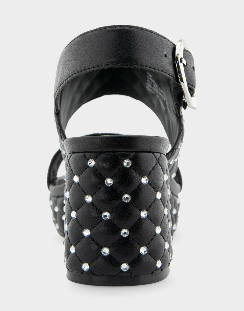 Comfortable Women's Platform Sandal in Black Quilted Faux Leather With Crystals Rear View