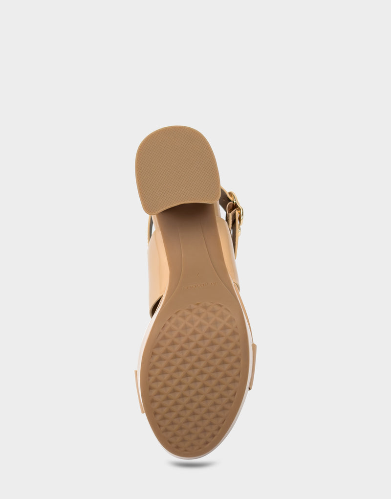 Comfortable Women's Platform Sandal in Beige Bisque Faux Patent Faux Patent Bottom View