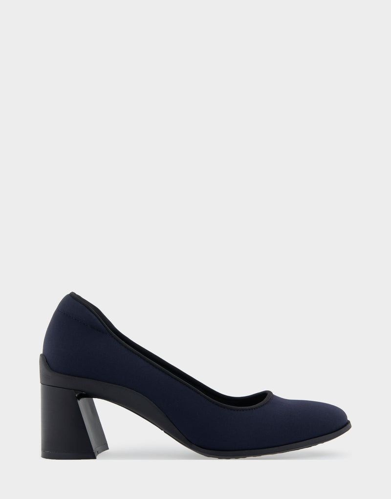 Comfortable Women's Mid Heel Pump in Navy Stretch Gabardine Fabric
Side View