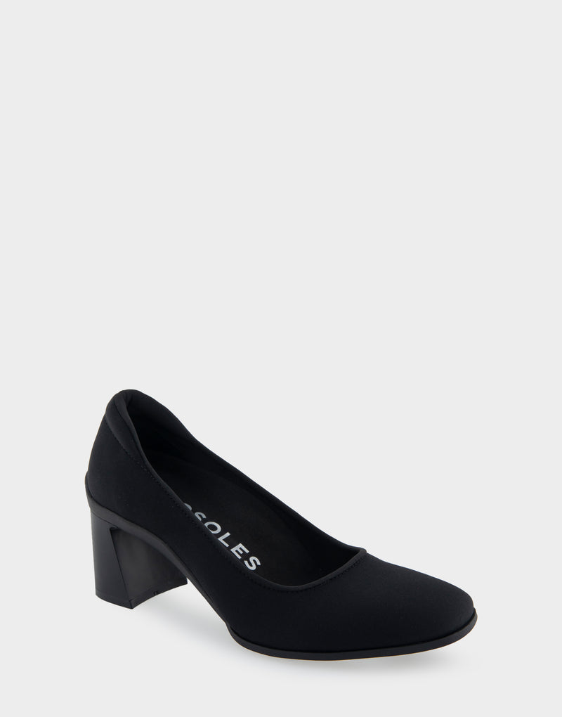 Comfortable Women's Mid Heel Pump in Black Stretch Fabric Stretch Fabric
Angle View