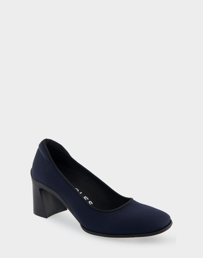 Comfortable Women's Mid Heel Pump in Navy Stretch Gabardine Fabric
Angle View