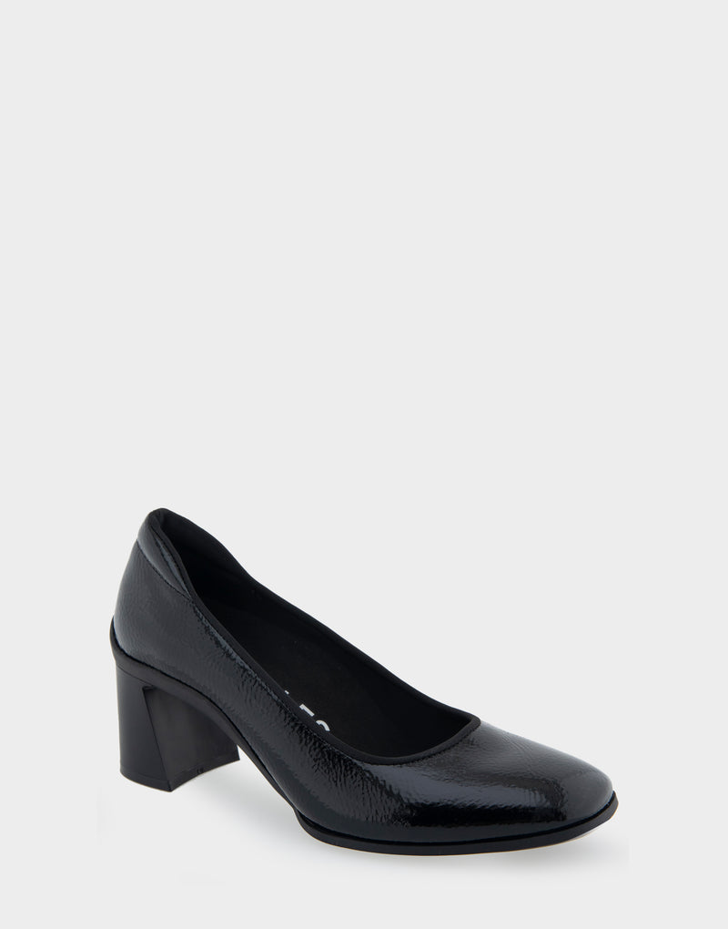 Comfortable Women's Mid Heel Pump in Black Patent Faux Leather Angle View