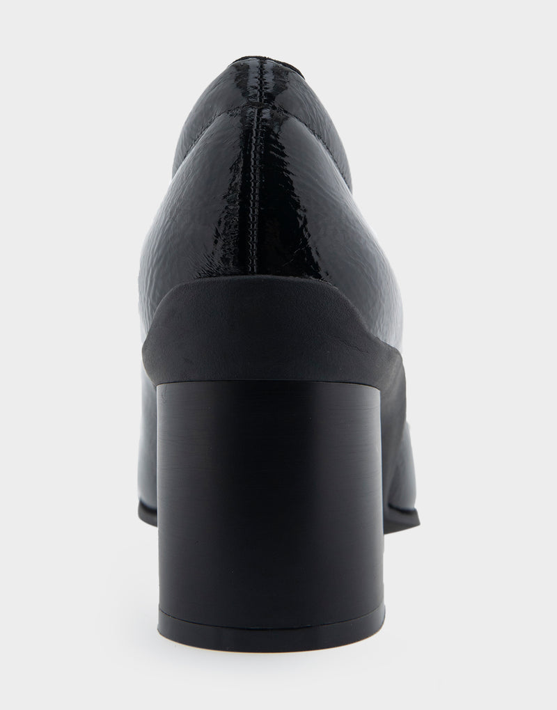 Comfortable Women's Mid Heel Pump in Black Patent Faux Leather Heelo View