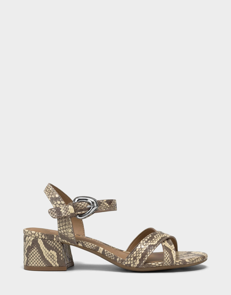 Comfortable Women's Heeled Sandal in Pale Yellow Faux Snake Print Faux Snake Print Leather Side View