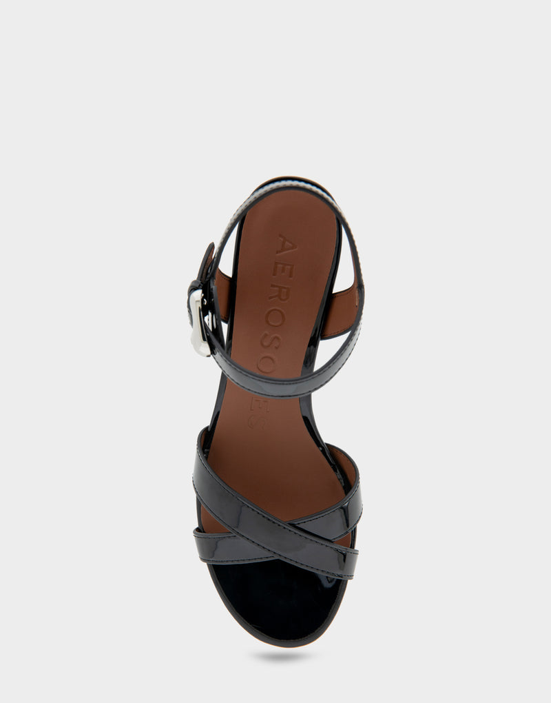 Comfortable Women's Dress Sandals in Black Patent Faux Leather Full Front View