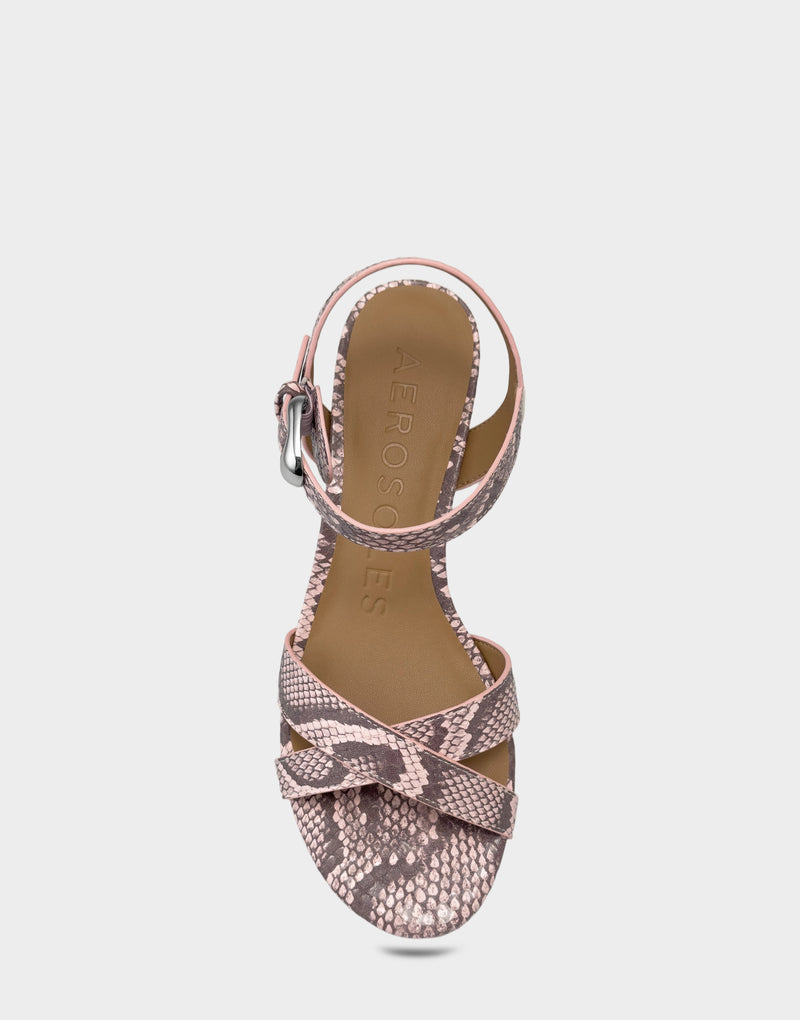 Comfortable Women's Heeled Sandal in Pink Faux Snake Print Leather Full Front View