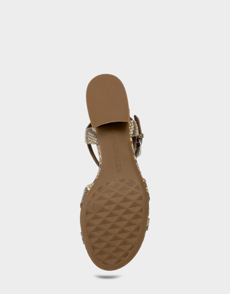 Comfortable Women's Heeled Sandal in Pale Yellow Faux Snake Print Faux Snake Print Leather Bottom View