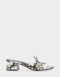 Comfortable Women's Heeled Sandal in White/black Printed Floral Faux Leather Side View