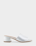 Comfortable Women's Heeled Sandal in Silver Metallic Textured Faux Leather Side View