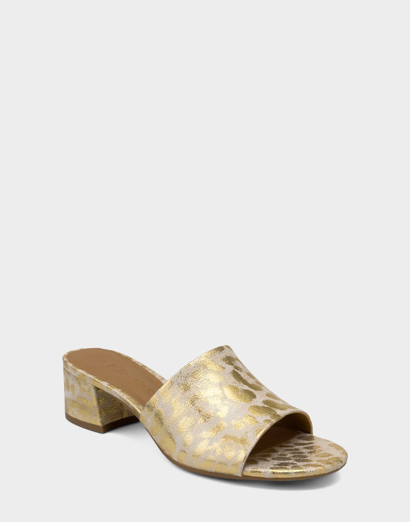 Comfortable Women's Low Heeled Sandal in Metallic Faux Leopard Side Angle View