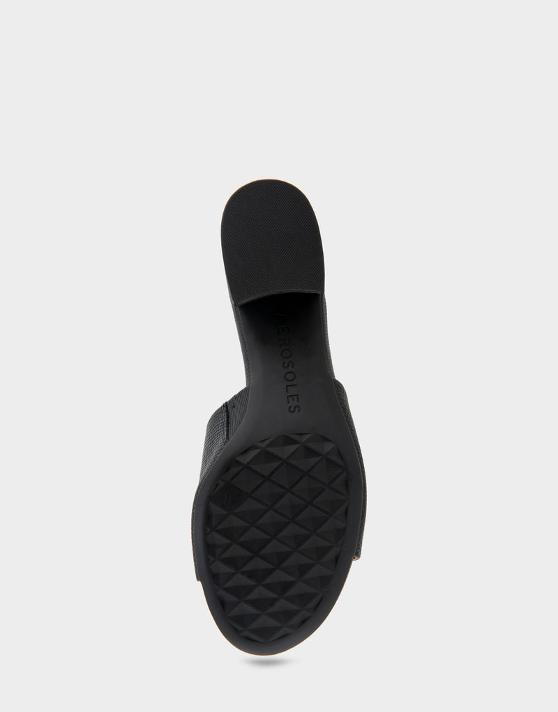 Comfortable Women's Slide Sandals in Black Lizard Embossed Faux Leather Bottom View
