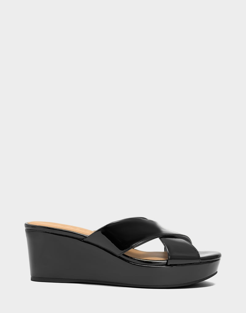 Comfortable Women's Wedge Sandal in Black Faux Patent Side View