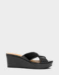 Comfortable Women's Wedge Sandal in Black Faux Patent Side View