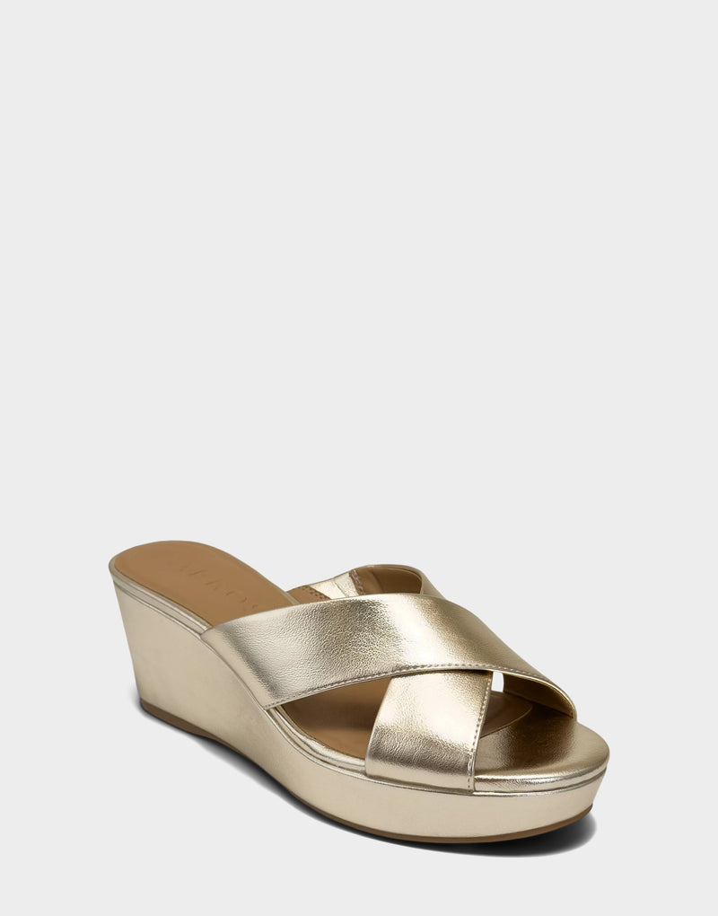 Comfortable Women's Wedge Sandal in Soft Gold Faux Metallic Leather Side Angle View