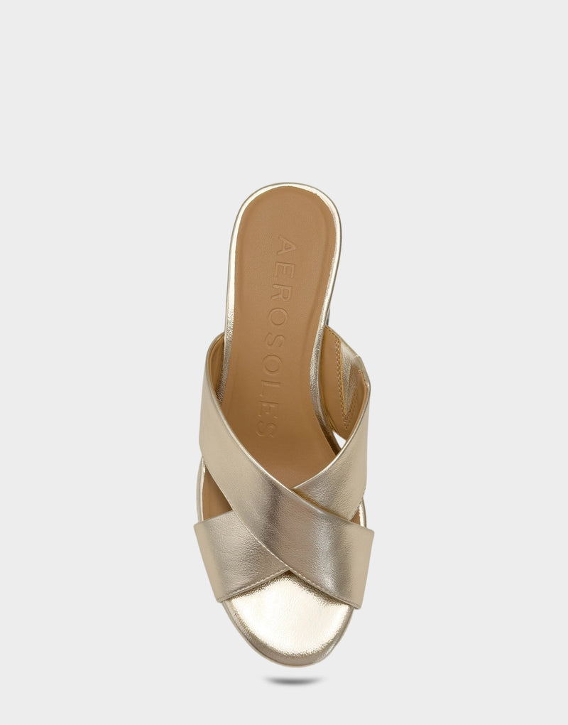 Comfortable Women's Wedge Sandal in Soft Gold Faux Metallic Leather Full Front View