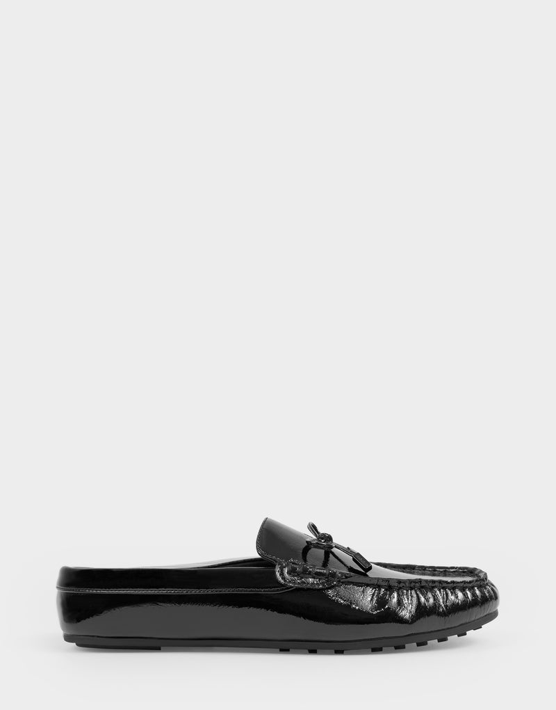 Comfortable Women's Loafer Mule In Black Patent Faux Leather Side View