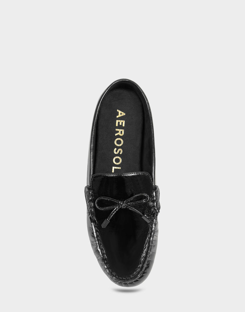Comfortable Women's Loafer Mule In Black Patent Faux Leather Full Front View