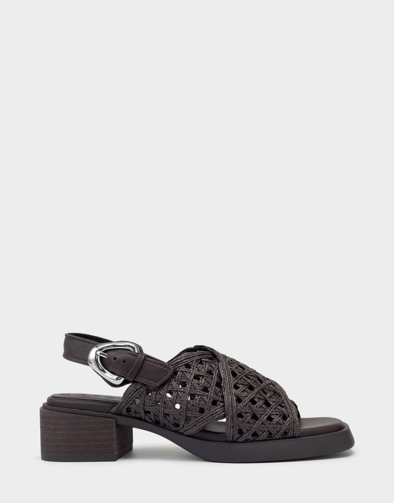 Comfortable Women's Heeled Sandal in Dark Brown Crochet Raffia/faux Leather Side View