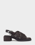 Comfortable Women's Heeled Sandal in Dark Brown Crochet Raffia/faux Leather Side View