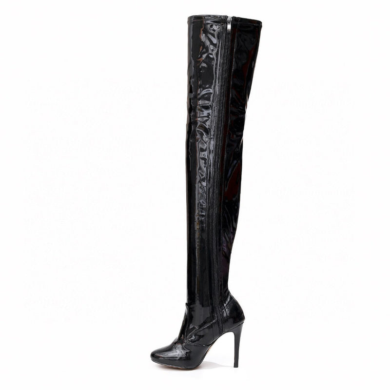 Devilla Size Inclusive - Black Vegan Patent - Street Sole - Thigh Variant One