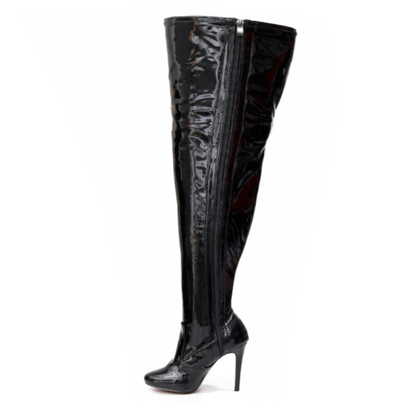 Devilla Size Inclusive - Black Vegan Patent - Street Sole - Thigh Variant Six